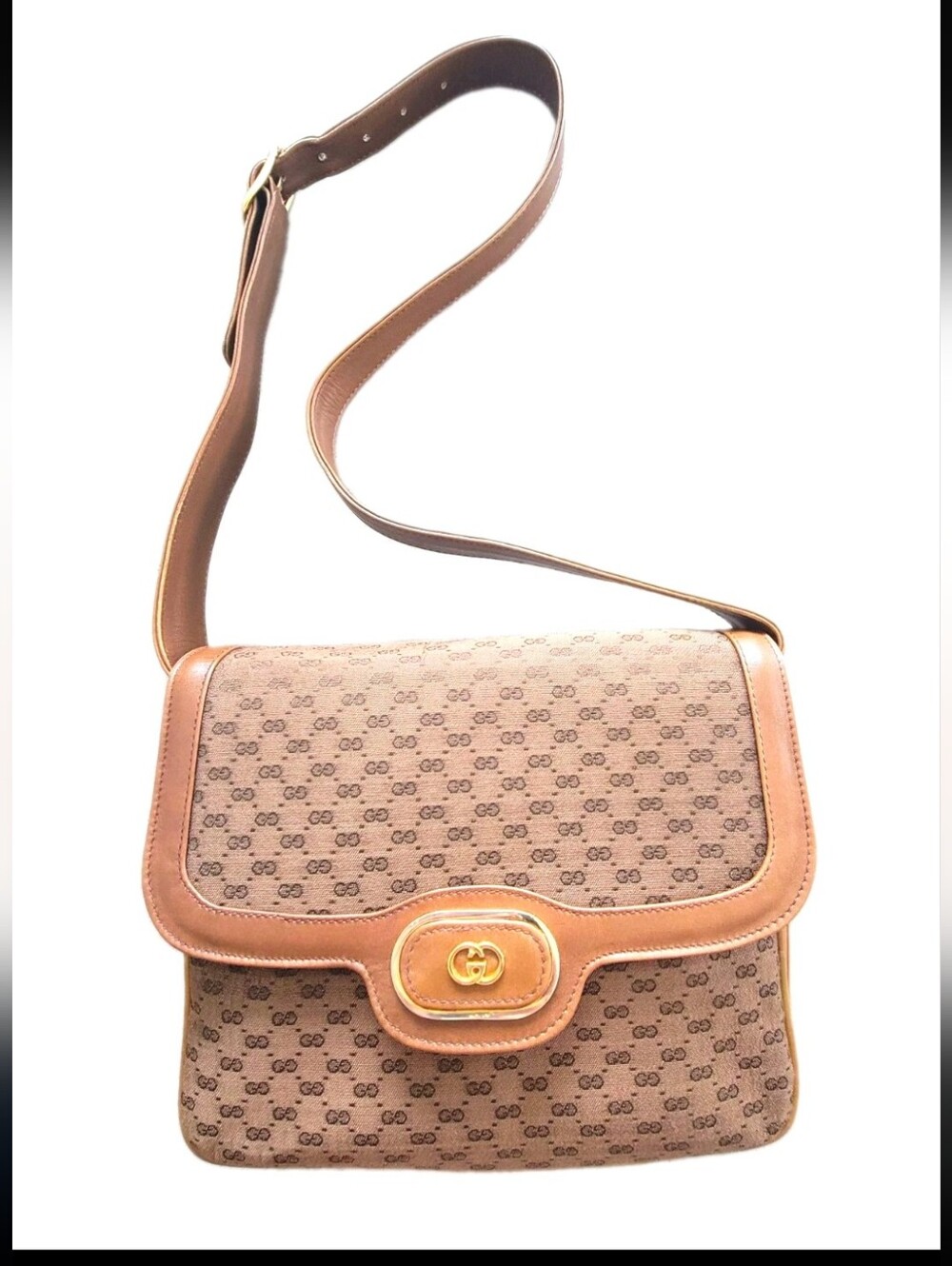 Vintage Gucci Micro GG Supreme Canvas Leather Brown Flap Shoulder Bag Purse Auth